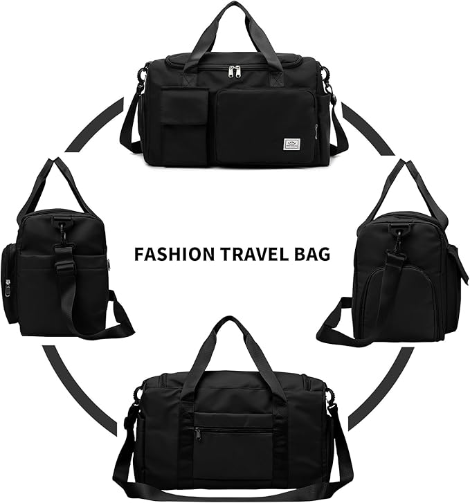 Travel Duffel Tote Bag with Dry Wet Separation Pocket, Weekender Bag for Women and Men,Waterproof Bag with Shoe Compartment Lightweight and Easy Carry on Black