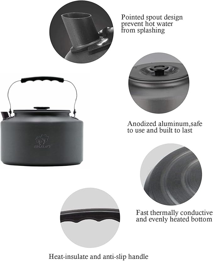Bulin Camping Kettle, 1.6L Large Portable Stovetop Tea Kettle Fast Heating Boiling Hot Water for Open Fire Lightweight Coffee Pot with Anti-Scald Handle & Carry Bag for Outdoor Hiking Picnic Travel