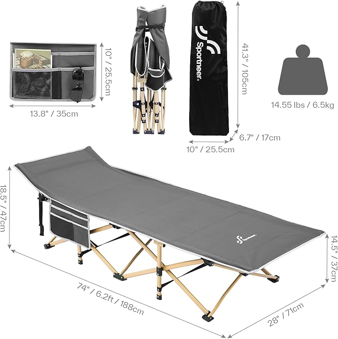 Sportneer Camping Cot: 1200D Double Layer Oxford Foldable Camping Cots for Adults - Heavy Duty Cots for Camping Travel Tent Day Outdoor & Home Guest, Camping Cots with Carry Bag & 2 Side Pockets