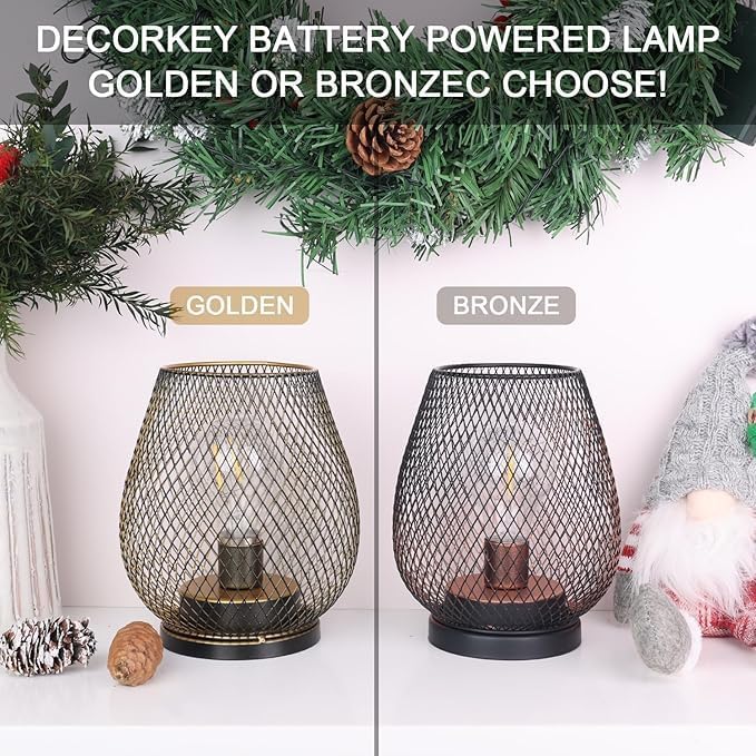DECORKEY Set of 6 Battery Operated Lamp LED Table Lantern, Brown Metal Cage Cordless Lamps with LED Bulb,Vintage Decorative Outdoor Lantern for Weddings, Parties, Patio, Events for Indoors Shelf Decor