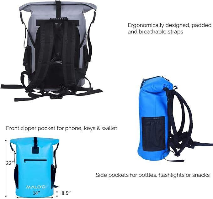Malo'o Backpack Cooler Bag Holds 24 cans or 18 Bottles and ice - Roll-Top Soft Cooler for Kayaking, Camping, Beach, Fishing, Hiking Daypack & Travel Gear - Closed-Cell Insulation Cooler Backpack