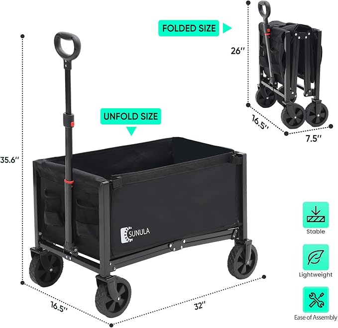Foldable Wagon Cart 160L- 3 in 1 Collapsible Wagon Cart with Wheels, 2 Cup Holders, for Groceries, Camping, Shopping, Garden, Pet Riding-1 Year Warranty