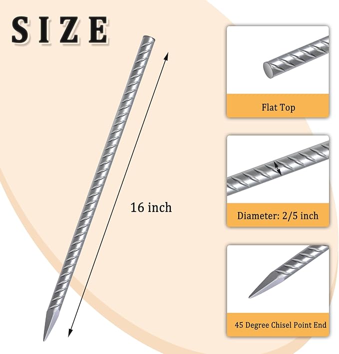 Rebar Stakes 16 Inch 9 Pack Tent Stakes Heavy Duty Metal J Hook, Fence Stakes for Trampoline, Fence, Camping Tent (9, I-16 x2/5""), Silver