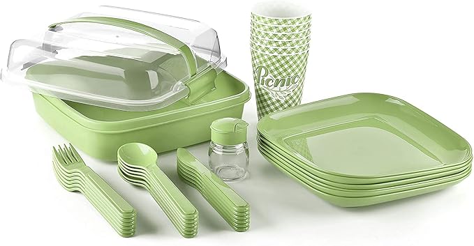 Tribello Camping Picnic Dishes Set with Case, 32 Plastic Reusable Cutlery - BPA Free, Microwave / Dishwasher Safe