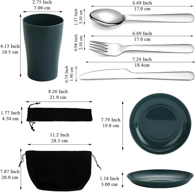 Evanda Camping Cutlery Set, Reusable Light Weight Mug, Plate and Stainless Steel Cutlery Set with Black Bag, Dishwasher Safe