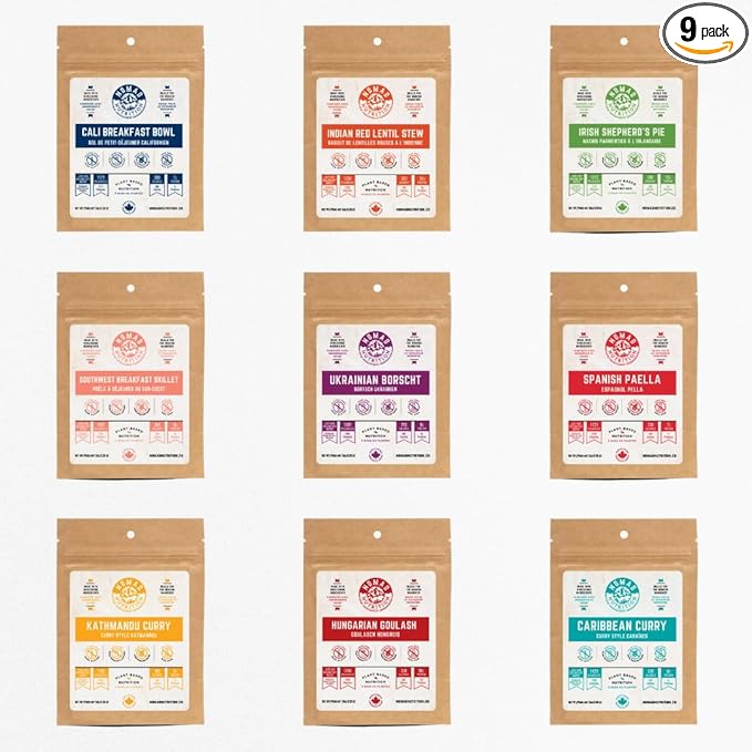 Nomad Nutrition Sampler Pack | 9 Freeze-Dried Meals: Hungarian Goulash, Shepherd’s Pie, Kathmandu Curry, Lentil Stew & More | Plant-Based, Non-GMO, High Protein | Add Boiling Water | 56g (Pack of 9)
