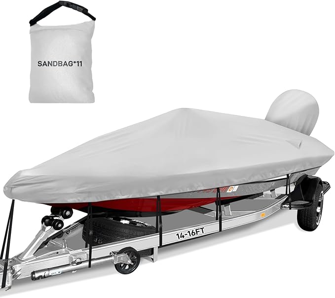 Boat Cover 14-16ft, Bass Tracker Boat Cover with Sand Bag Mooring Kit, 1200D Marine Canvas Waterproof Heavy Duty Boat Covers for 14 feet 15ft 16' Foot V Hull Bass & Runabout Boat,Gray