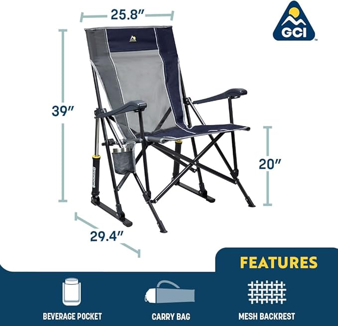GCI OUTDOOR Roadtrip Rocker Camping Chair | Portable, Folding Rocking Chair with Solid, Durable Armrests, Drink Holder & Comfortable Extended Backrest — Hunter Green