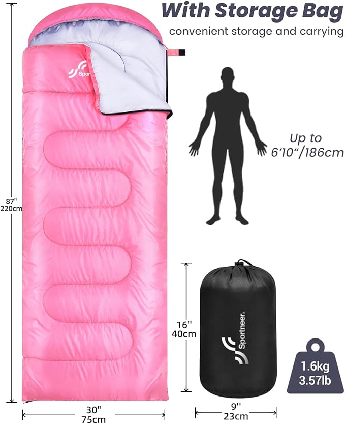 Sportneer Sleeping Bags for Adults, Warm & Cold Weather Sleeping Bag for Adults Kids Boys Girls - Lightweight Compact Camping Gear Equipment, Traveling, Backpacking, Hiking