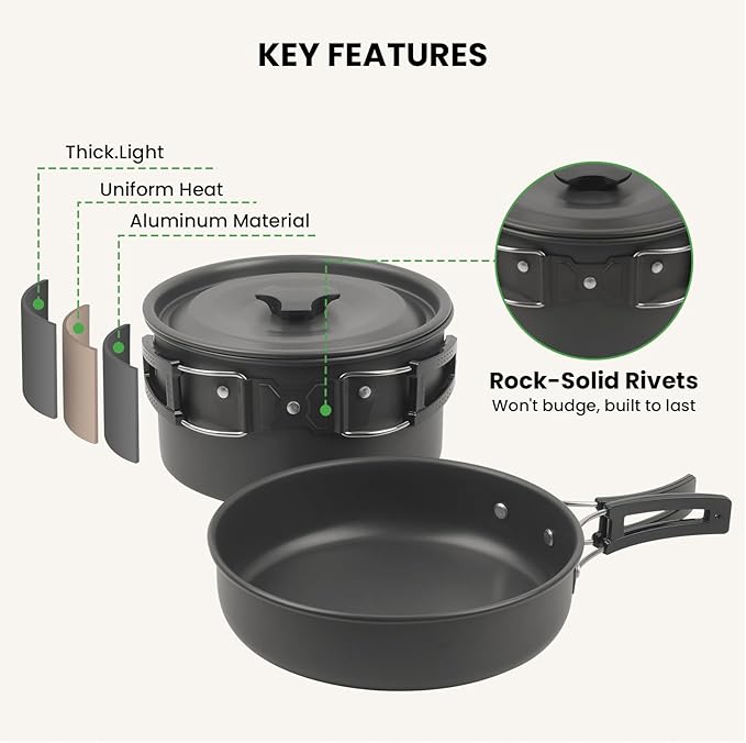 Portable BBQ Grill Cookware Set: GEEKHOM 20PCS Stainless Steel Camping Pots and Pans, Compact Foldable Design with Carrying Tote for Hiking,Camping, Backpacking, Picnic(2-3 Person)