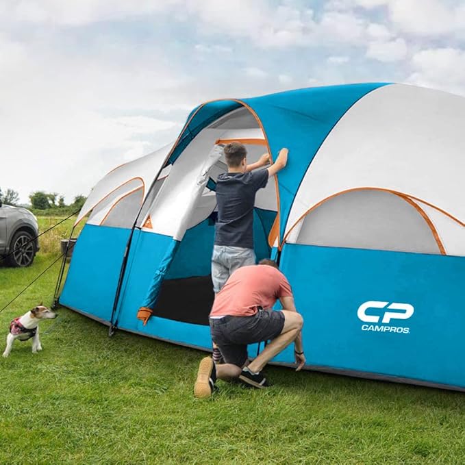 CAMPROS CP Tent 8 Person Camping Tents, Weather Resistant Family Tent, 5 Large Mesh Windows, Double Layer, Divided Curtain for Separated Room, Portable with Carry Bag