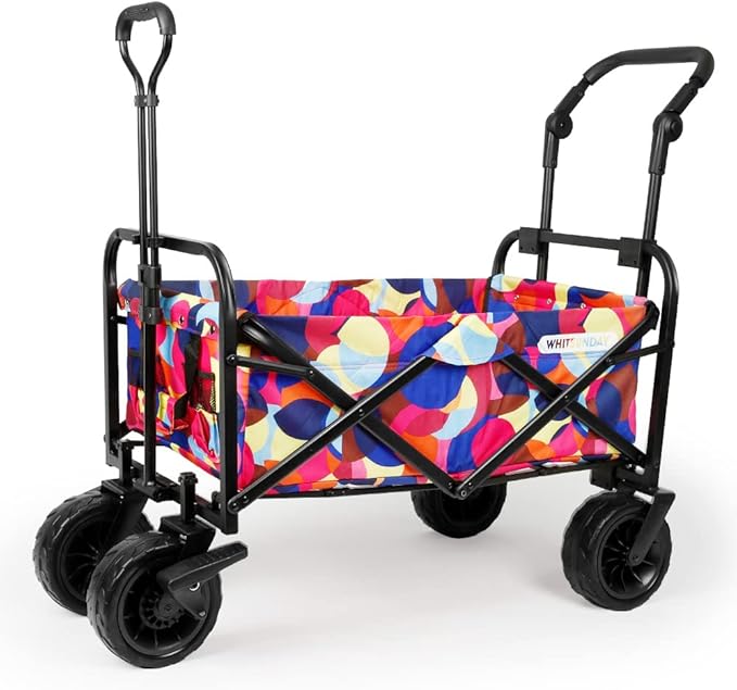 WHITSUNDAY Collapsible Folding Garden Outdoor Park Utility Wagon Picnic Camping Cart with Bearing and Brake 8" All Terrain Wheels with Push Bar (Bubble)