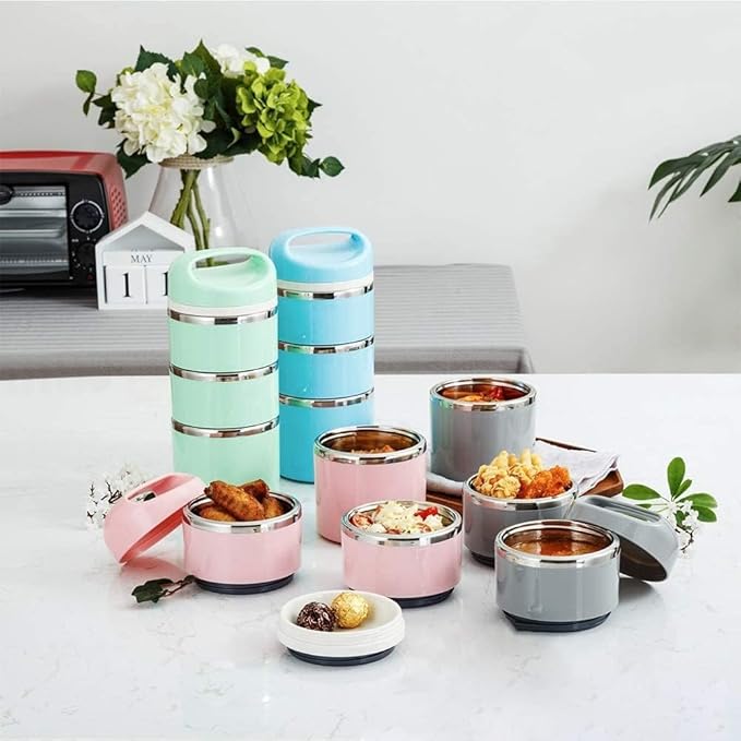 Lille Home Stackable Stainless Steel Thermal Compartment Lunch/Snack Box, 3-Tier Insulated Bento/Food Container with Lunch Bag, and Three Extra Seals, 43OZ (Gold)