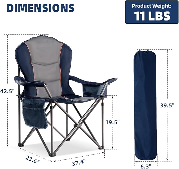 Oversized Camping Chair Heavy Duty 500LBS - 2 PCS Folding Outdoor Chair with Cooler Bag, Storage Pockets, Portable Collapsible Lawn Chairs for Adults (Blue & Gray)