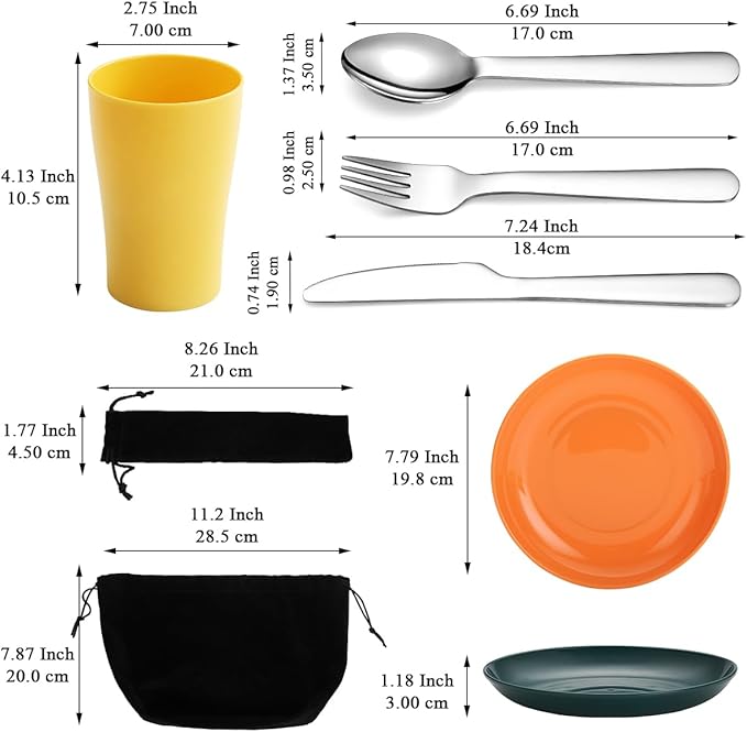 Evanda Camping Cutlery Set, Reusable Light Weight Mug, Plate and Stainless Steel Cutlery Set with Black Bag, Dishwasher Safe