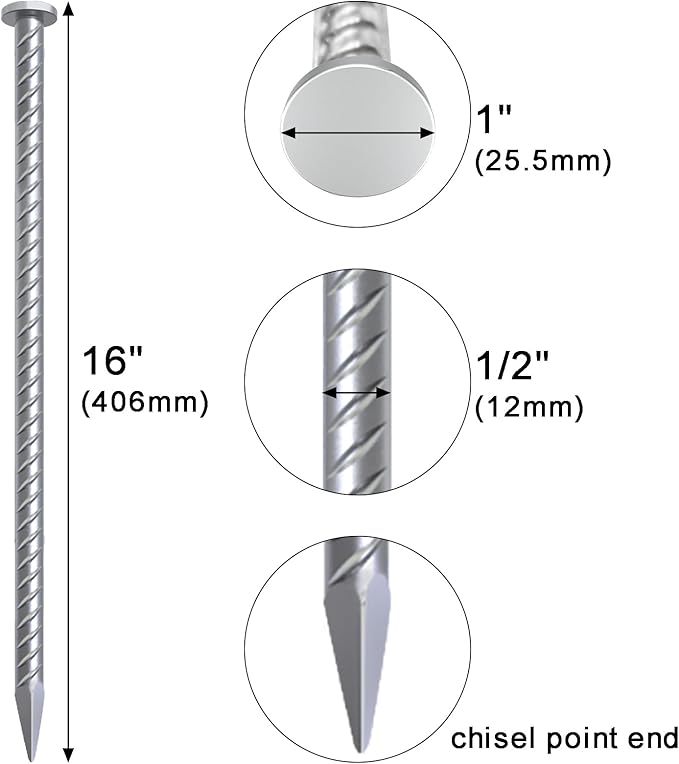 VVOKGO 16 Inch Rebar Stakes 1/2 Inch Diameter Galvanized Steel Ground Anchors Heavy Duty,Metal Asphalt Anchoring Spikes for Speed Bump, Handicap Threshold Ramps,Parking Limits Curb and Tent (12 Pack)