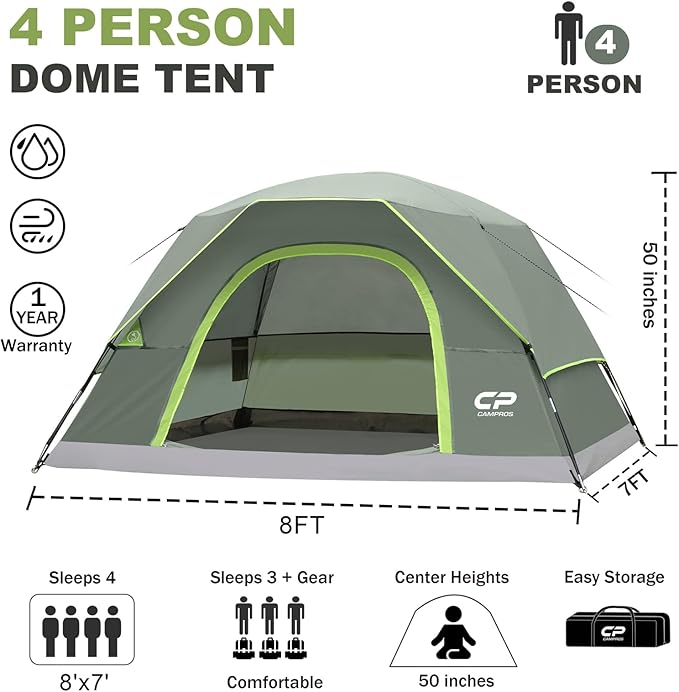 CAMPROS CP Tents for Camping 4/6 Person Tent Waterproof Windproof Double Layer Camping Tent, Easy Setup Dome Tent with Large Mesh Windows & Wider Door for Outdoor Camping & Hiking