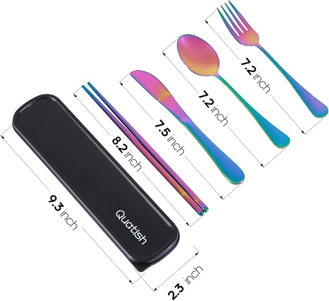 Travel Utensils with Case, Quatish Portable Silverware Set for Work, Stainless Steel Reusable Travel Cutlery Set, Fork and Spoon Set for Picnic, Camping, Gadgets, Lunch Box for Men, Rainbow