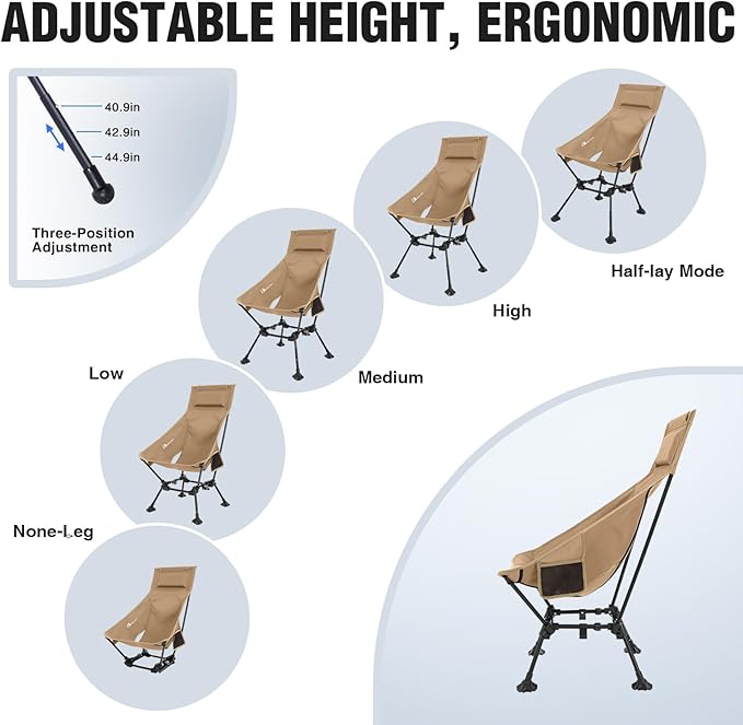 MOON LENCE High Back Folding Camping Chairs, Adjustable Height Beach Chair with Anti-Sinking Feet & Widened Seat (Khaki)