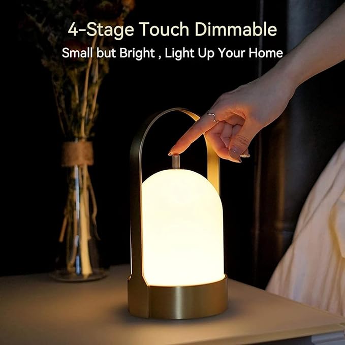 Tubicen Portable Outdoor Battery Operated Lantern Table Lamp Waterproof, 4000mAh Cordless Rechargeable 4 Levels Touch Dimmable Brass Table Lamp, LED Night Light for Patio Camping Dining Room Bedroom