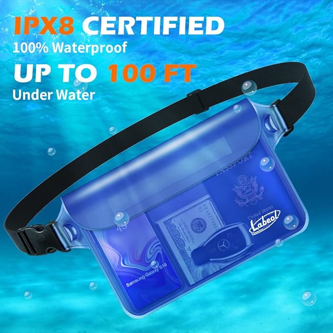 Labeol Waterproof Fanny Pack, 2 PCS Waterproof Pouch with Waist Strap, Fanny Pack to Keep Phone and Valuables Dry for Swimming Kayaking Boating Snorkeling