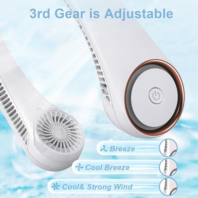 Neck Fans:Portable Personal Neck Cooling Rechargeable Bladeless Fan - Hands Free 3 Speed 4000 mAh Battery USB for Wearable Headphones Design - Men Women Outdoor Indoor (White)