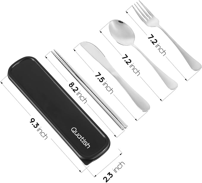 Travel Utensils with Case, Quatish Portable Silverware Set for Work, Stainless Steel Reusable Travel Cutlery Set, Fork and Spoon Set for Picnic, Camping, Gadgets, Lunch Box for Men, Silver