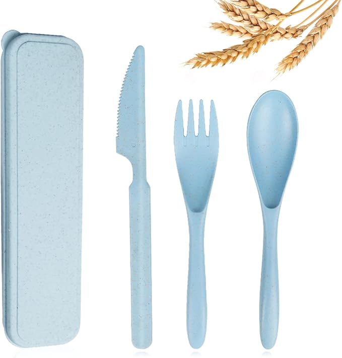 Reusable Travel Utensils Set with Case, Blue Wheat Straw Portable Knife Fork Spoons Tableware, Eco-Friendly BPA Free Cutlery for Kids and Adults as Travel Picnic Camping Utensils