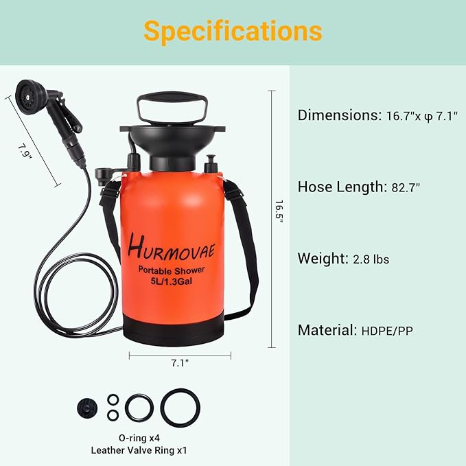 1.3 Gallon/5L Portable Shower for Camping–10 Spray Modes, Insulated Water Sprayer, Portable Beach Shower for Surfing, Hiking, Dog Shower, Orange