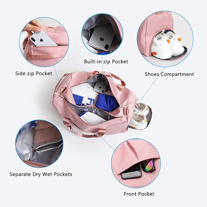 ZUEVI Sports Gym Duffel Bag for Men or Women Waterproof Weekender Travel Bag with Shoes Compartment Dry and Wet Separation for Training Swim Yoga(Pink)