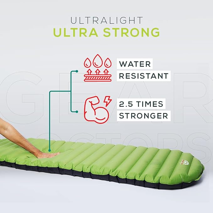 Gear Doctors Ultralight 17oz Camping Sleeping pad ApolloAir - Compact, Warm 5.2 R-Value 4 Season Air Mattress, Perfect for Backpacking, Hiking - Lightweight Inflatable & Compact Sleep Pad
