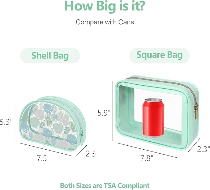 PACKISM TSA Approved Toiletry Bag - Light Green Turtle Leaves Print Clear Shell Bag and Upgrade Color-Edged Clear Toiletry Bags, Perfect for On the Go or Travel, Lightweight and Robust, 2 Pack