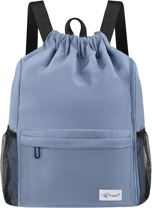 Drawstring Backpack with Mesh Pockets String Gym Bag Sackpack Sandproof Water Resistant Beach Backpack for Men Women