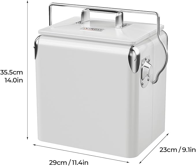 VINGLI 14qt Small Insulated Portable Cooler, Retro Vintage Classic Style Hard Metal Cooler for Barbeques, Camping, Fishing and Picnics