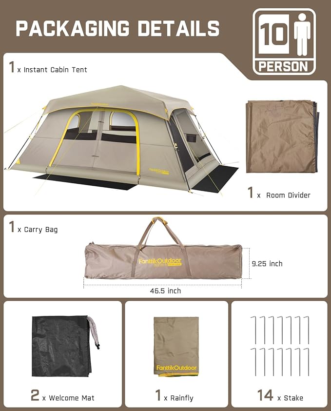 FanttikOutdoor Zeta C8 Air/C10 Air Camping Tent, Lightweight 10 Person Instant Cabin Tent Setup in 60s, 20% Lighter, Ultralight with Carry Bag for Family Camping & Hiking, Upgraded Ventilation