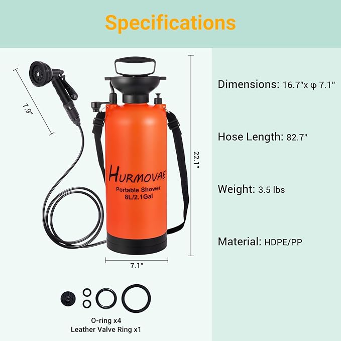 2.1 Gallon/8L Portable Shower for Camping–10 Spray Modes, Insulated Water Sprayer, Portable Beach Shower for Surfing, Hiking, Dog Shower, Orange