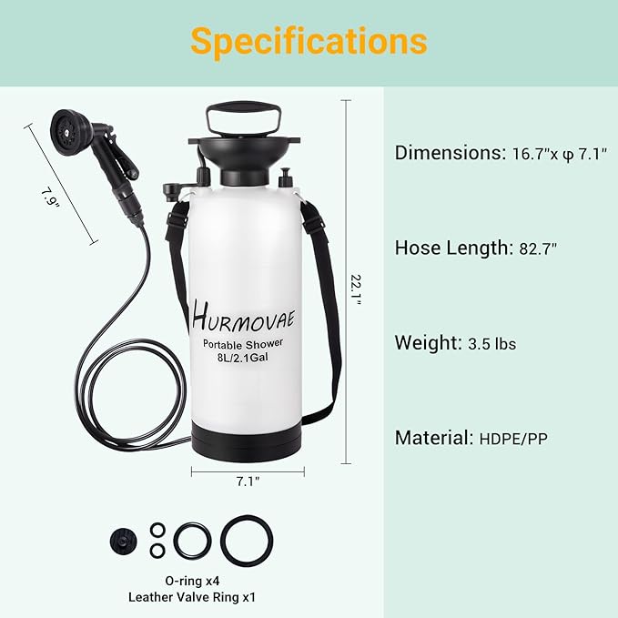 2.1 Gallon/8L Portable Shower for Camping–10 Spray Modes, Insulated Water Sprayer, Portable Beach Shower for Surfing, Hiking, Dog Shower, White