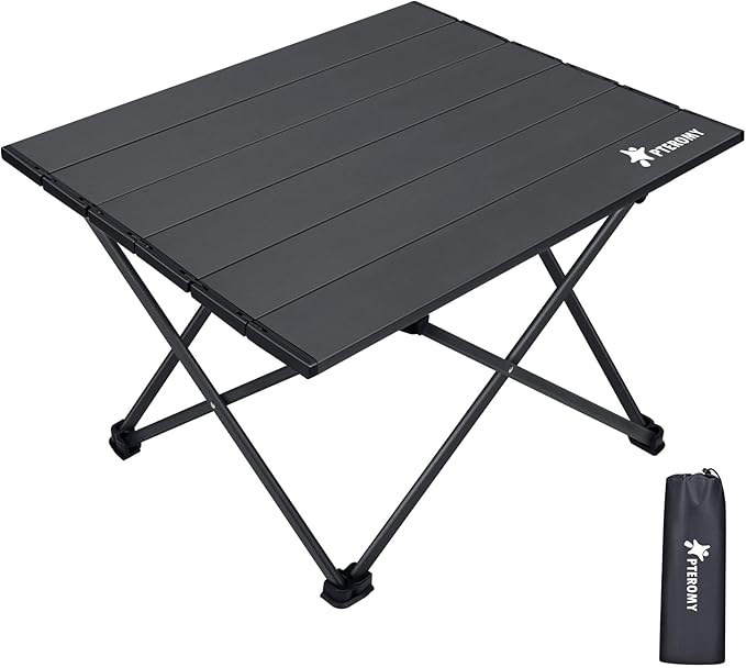 PTEROMY Folding Camping Table, Portable Beach Table with Ultralight Aluminum Tabletop for Travel, Outdoor, Camping, Picnics, and BBQs (Medium, Black)
