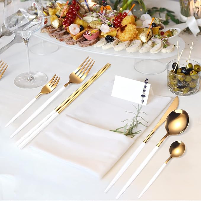 AARAINBOW 8 Pieces Stainless Steel Flatware Set Portable Reusable Cutlery Set Travel Utensils Set Including Chopsticks Knife Fork Spoon Straws Cleaning Brush Dishwasher Safe (White Golden)