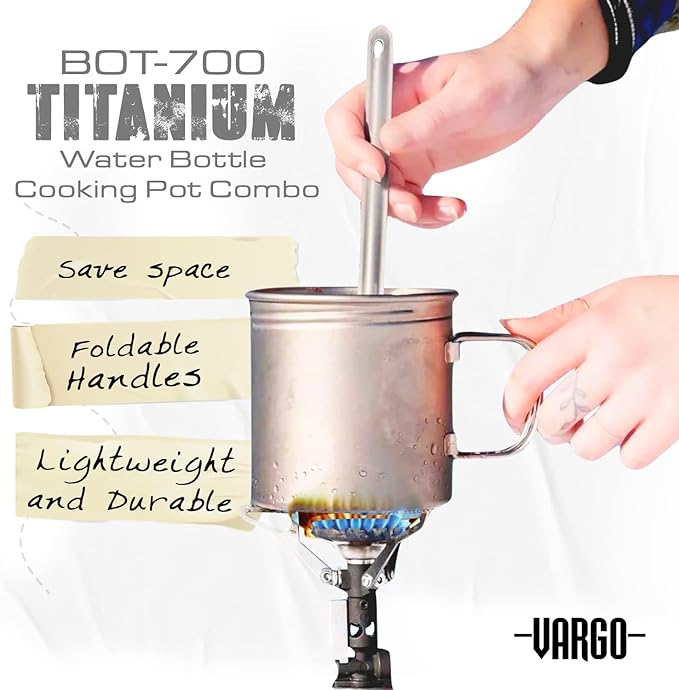 Vargo Titanium BOT Series | Vargo BOT - 700 | Titanium Cooking Pot and Water Bottle with Foldable Handles and Watertight Lid | 700ml (23 oz.)