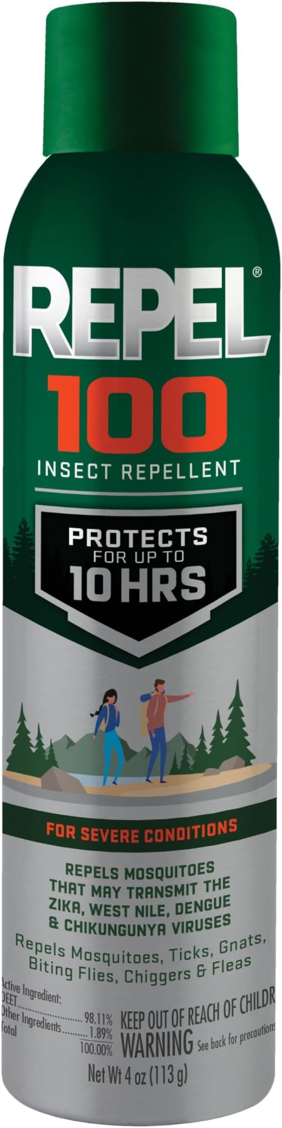 Repel 100 Insect Repellent, 4 Ounces, 98% DEET 10-Hour Protection Lon-Lasting Insect Repellent Aerosol Spray Repels Mosquitoes, Ticks, Gnats, Biting Flies, Chiggers And Fleas
