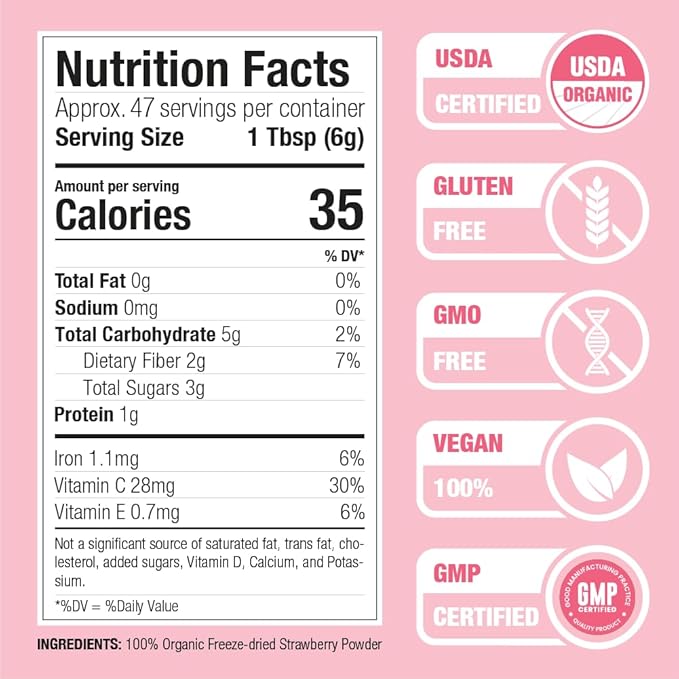 Nature Restore USDA Certified Organic Freeze Dried Strawberry Powder, 10 Ounces, Non GMO, Gluten Free, Vegan