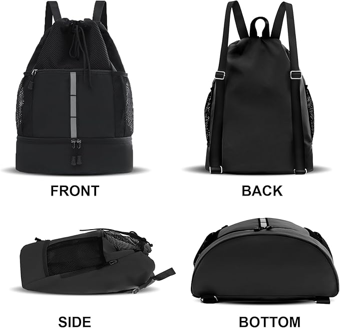 Drawstring Backpack with Mesh Pockets String Gym Bag Sackpack Sandproof Water Resistant Beach Backpack for Men Women