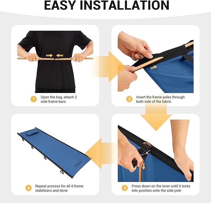 KingCamp Ultralight Camping Cot, Portable Folding Cots 265lbs Heavy Duty Sleeping Bed with Pad Pillow for Adults Outdoor Backpacking Travel Hiking, Blue/Black