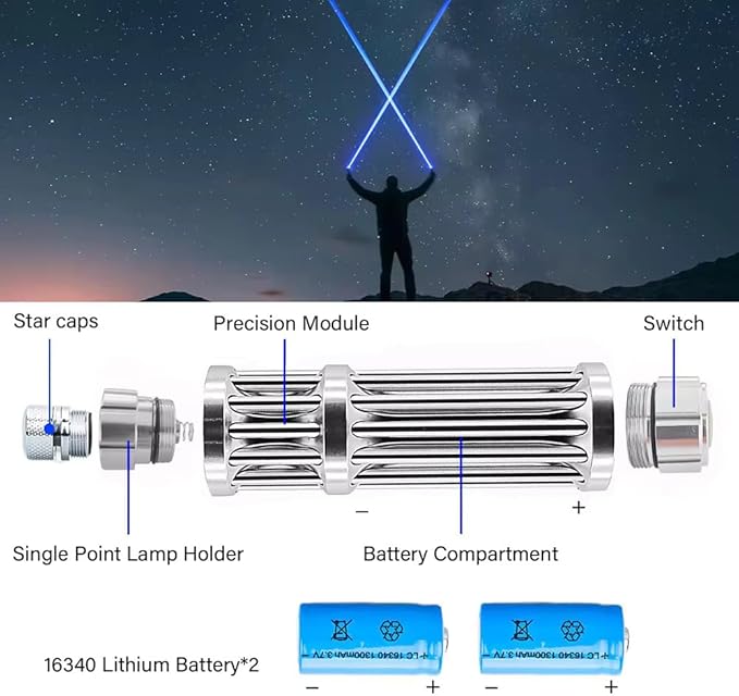 High Power Blue Flashlight, Long Range Powerful Blue Light, Rechargeable Flashlight with 5 Star-Cap for Camping, Hiking, Hunting, Fishing, Silver
