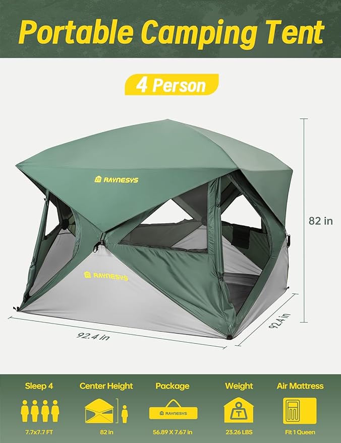 Camping Tent, 4 Person Tent for Camping, Setup in 60 Seconds, 4 Person Pop up Tents, Hub Tents, Water-Resistant, Windproof, Instant Cabin with Removable Floor, Portable