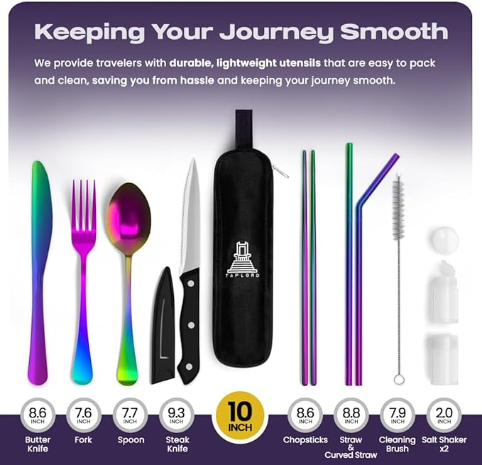 Portable Travel Silverware Set With Case, Includes 10 Pcs of Travel Utensils With Case, Stainless Steel Flatware Set For Camping, Lightweight (Multi-Color)