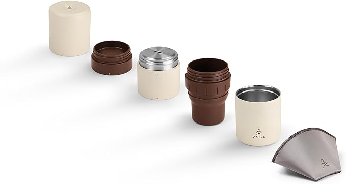 Nest Pour Over Coffee Kit, Transportable and Compact Pour Over Kit with Two 10 oz Double Walled Mugs, Cream