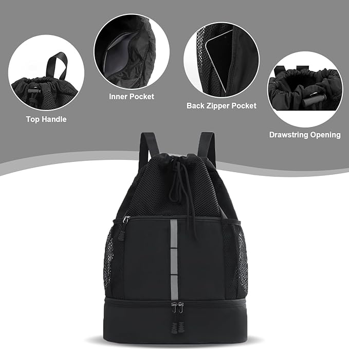 Drawstring Backpack with Mesh Pockets String Gym Bag Sackpack Sandproof Water Resistant Beach Backpack for Men Women