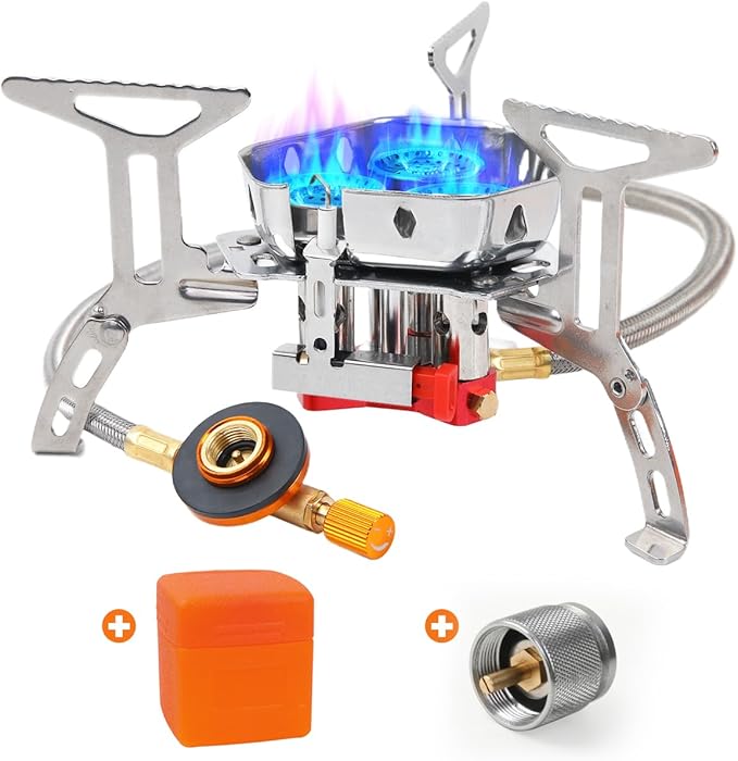 Portable Propane Camping Stove for Outdoor - GEEKHOM 6800W Windproof Gas Stove with Piezo Ignition; 2-Fuel Butane Propane Backpacking Stove for Hiking & Picnics; Tripod Base & Adapter